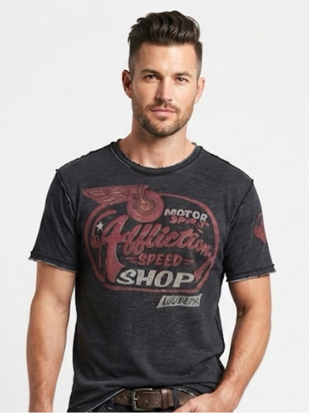 Affliction American Customs Speed Shop Graphic Tee Gray Black Size L